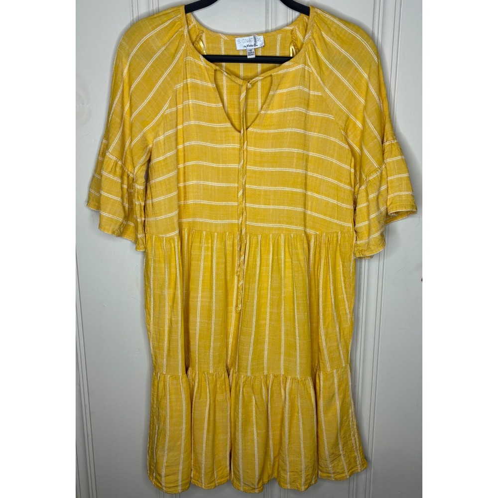 Signature by Robbie Bee Yellow Striped Tiered Babydoll Dress Sz 10 Cottagecore